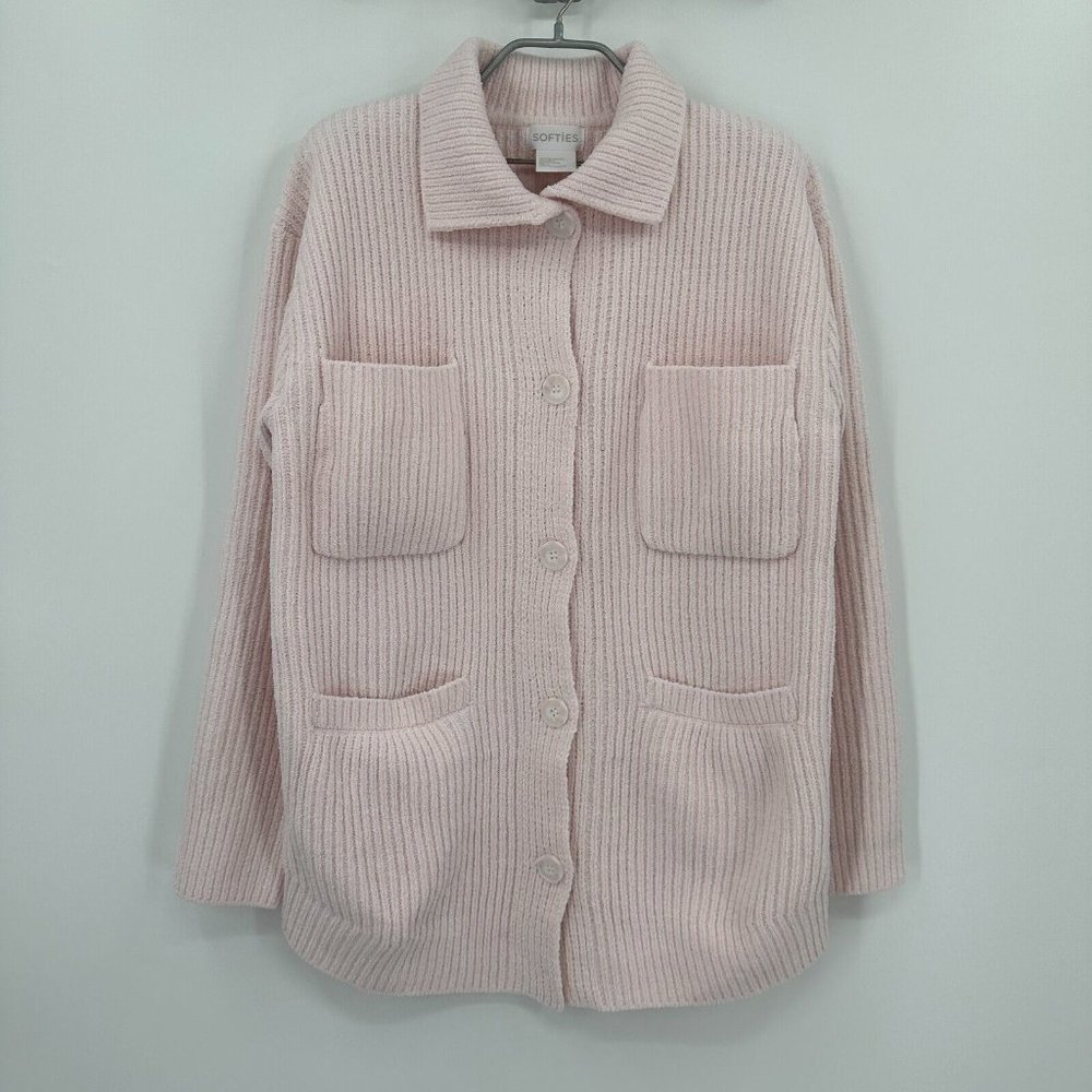 Softies Rib Chenille Knit Shacket Shirt Jacket sz S Blush Pink Button Front NEW*